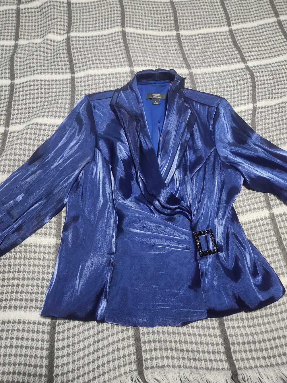 Alex Evenings Shiny Satin Wrap Jacket in Royal Blue with Buckle